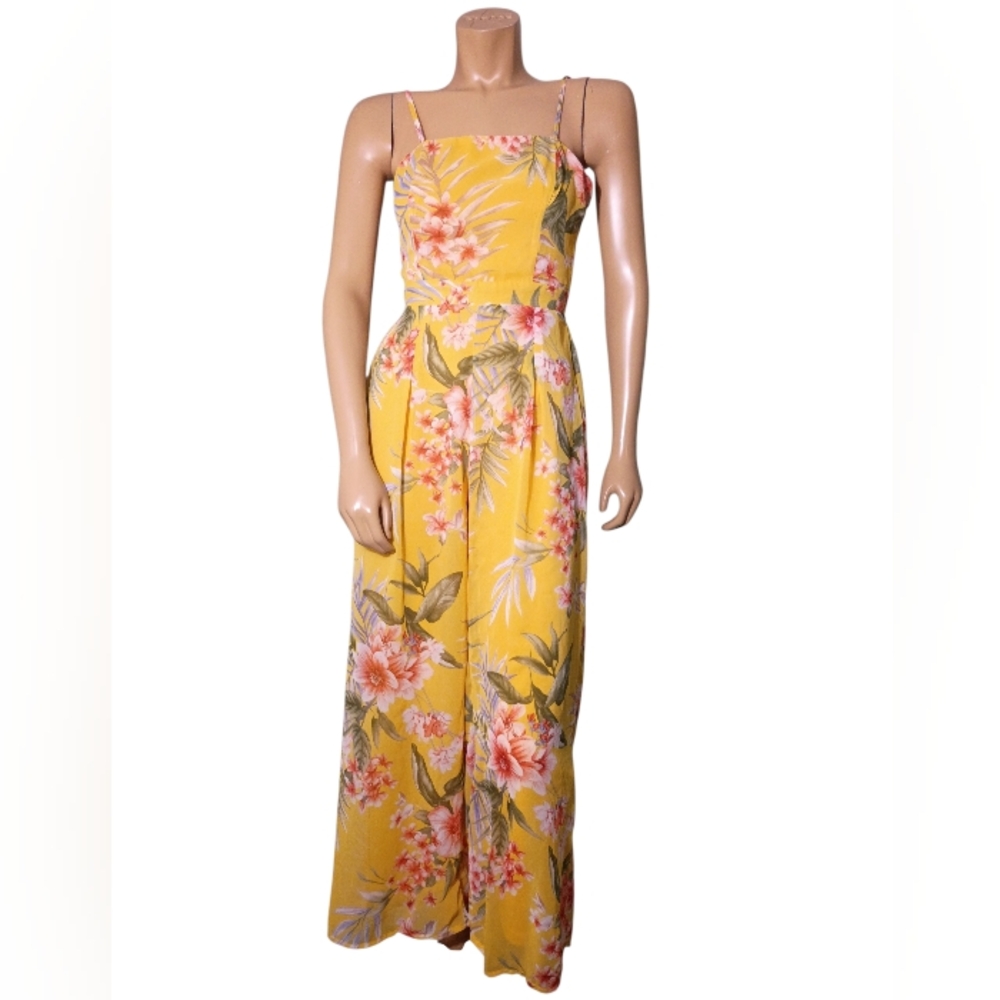 Papaya Yellow‎ Tropical Floral Spaghetti-Strap Jumpsuit